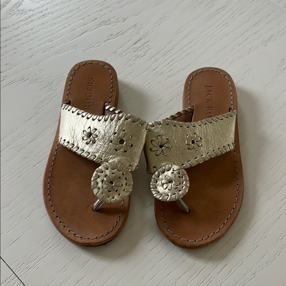 Jack Rogers Gold and Brown Sandals with Whipstitch Detail